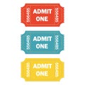Admit one ticket set isolated on white background. Colorful vector illustration of cinema or theater retro ticket.